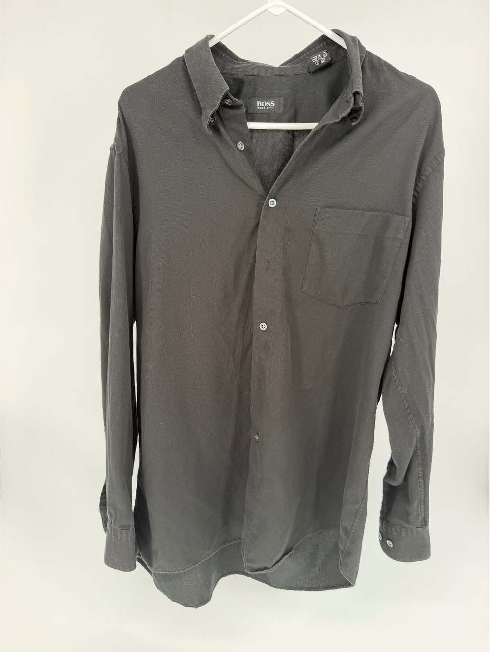 Vintage BOSS Hugo Boss Black Button Up Shirt Mens M 100% Cotton Made Hong Kong